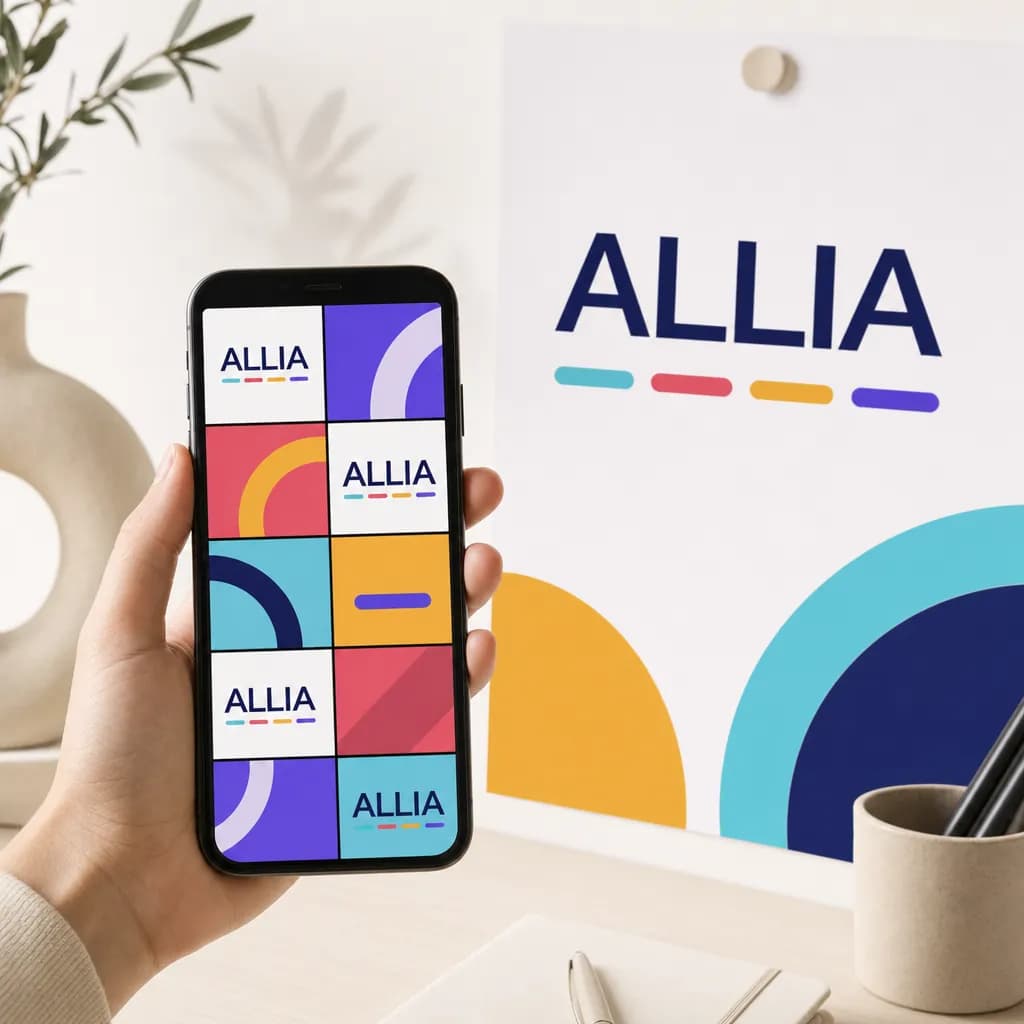 Fil de publications ALLIA sur un smartphone devant une affiche ALLIA