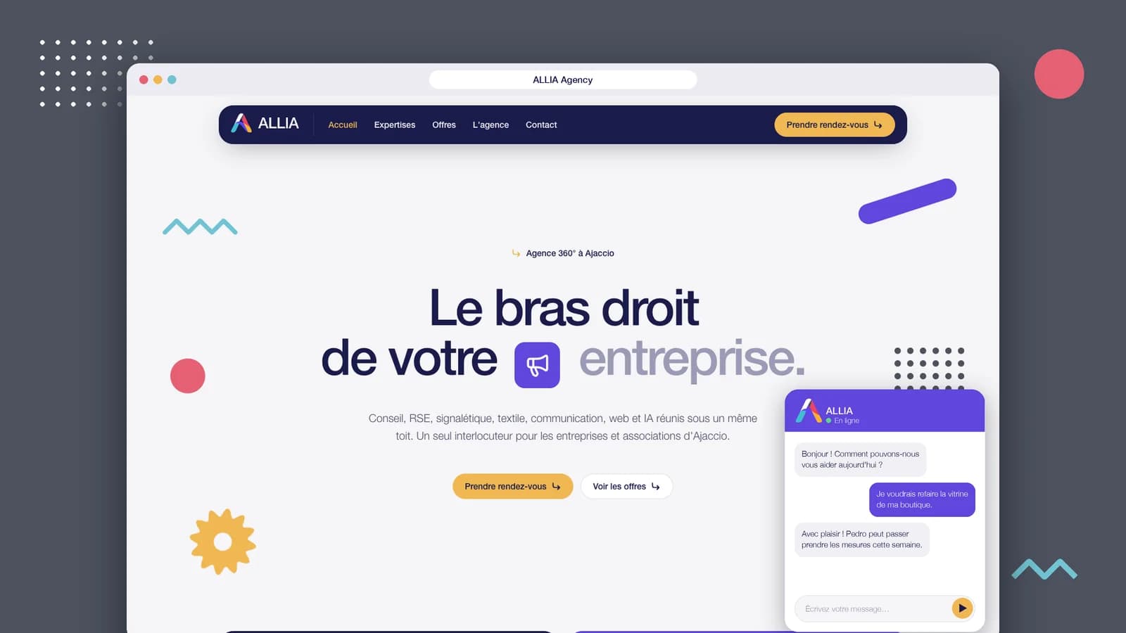 Le site ALLIA sur ordinateur, avec un chatbot ouvert en bas à droite