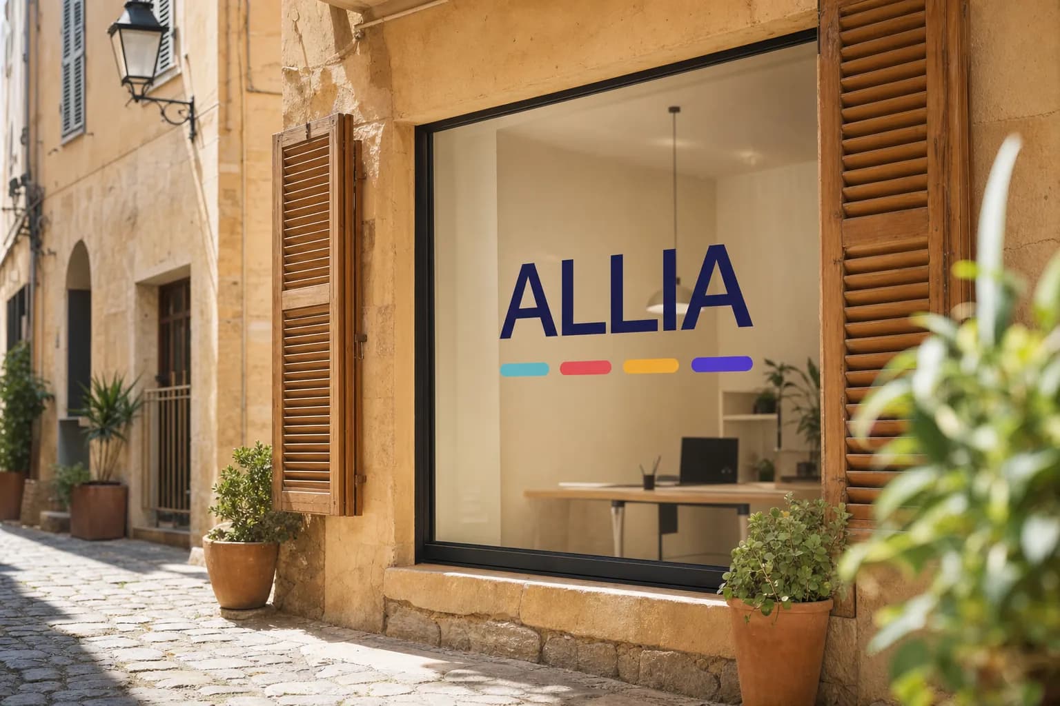 Vitrine d'agence à Ajaccio avec le logo ALLIA en vinyle